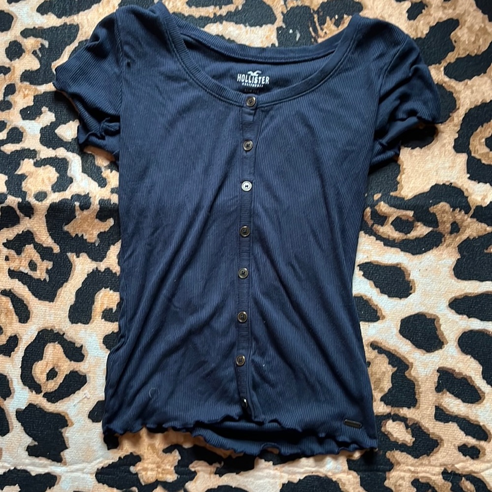 blue hollister button up tight shirt